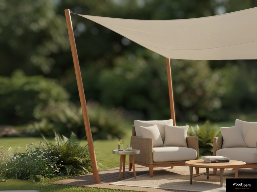 Mât en Bois de Châtaignier Woodspars pour une voile d'ombrage sur la terrasse d'un jardin d'architecte.