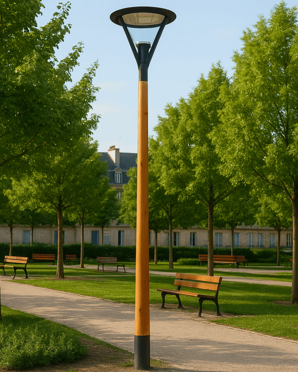 Aménagement urbain avec un lampadaire réalisé avec un mât d'éclairage public en bois.