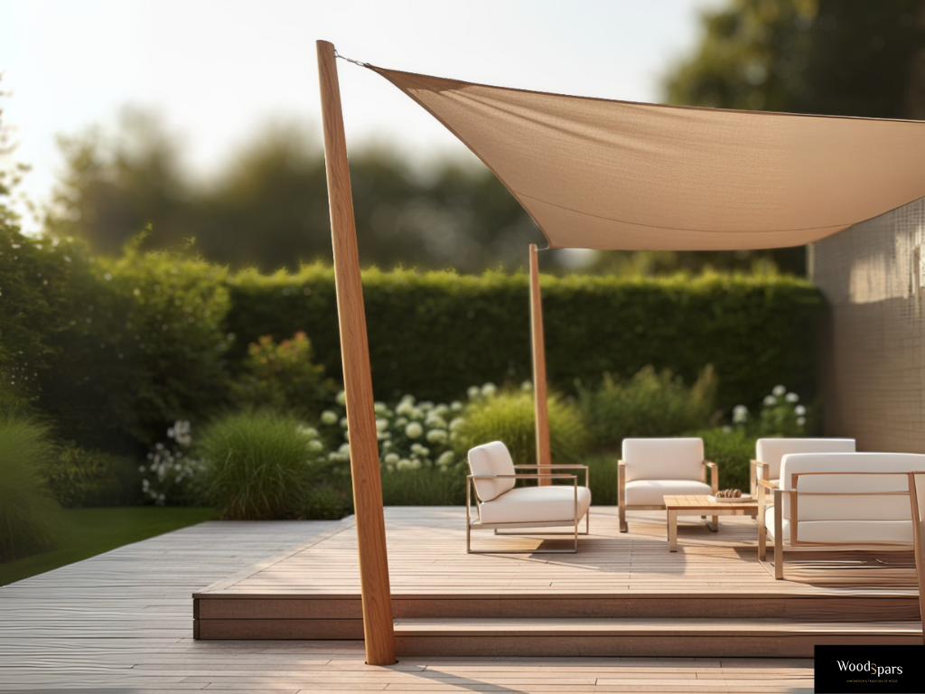 Mât en Bois de Chêne Woodspars pour une voile d'ombrage sur la terrasse d'un jardin d'architecte.