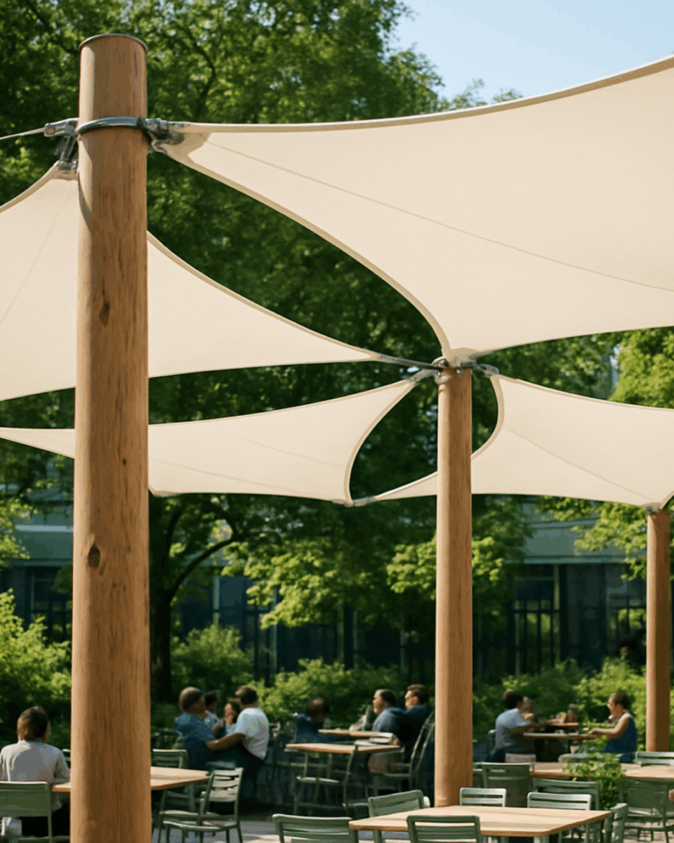 Mât en bois voile d'ombrage terrasse abritant la terrasse d'un café restaurant entourée d'arbres.