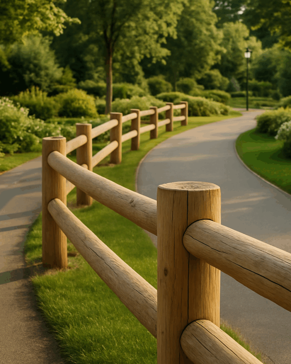Aménagement espace vert et urbain avec rondins de bois et mains courantes en bois bordant une route ou voie cyclable.