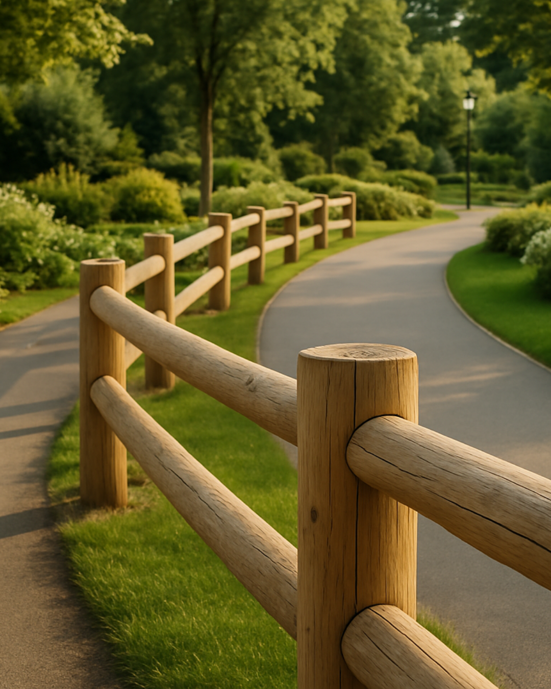 Aménagement espace vert et urbain avec rondins de bois et mains courantes en bois bordant une route ou voie cyclable.
