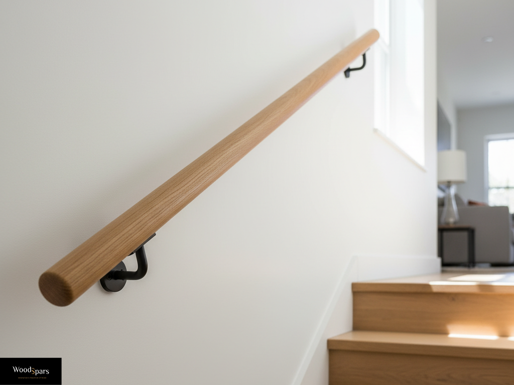 Main courante ronde en chêne massif installée le long d'un escalier en bois dans un intérieur résidentiel lumineux.