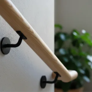 Gros plan sur une main courante en frêne au veinage apparent, fixée avec des supports ronds noirs pour un style design et naturel.
