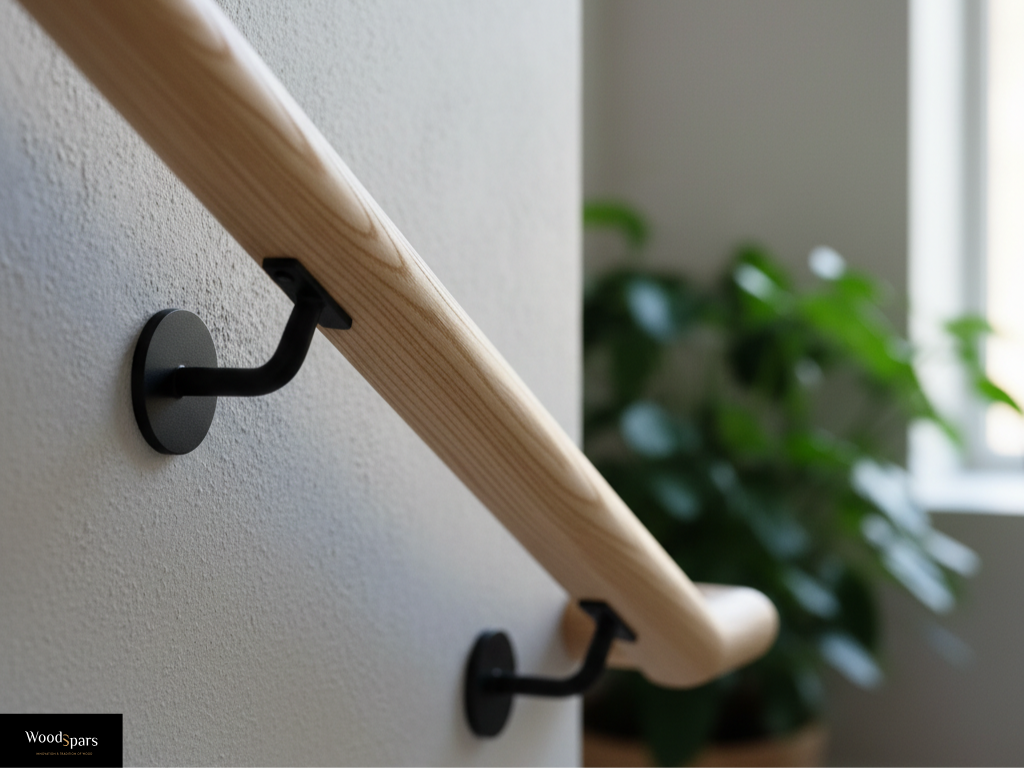 Gros plan sur une main courante en frêne au veinage apparent, fixée avec des supports ronds noirs pour un style design et naturel.