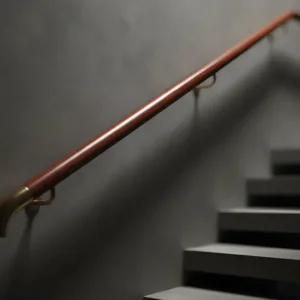 Main courante de luxe en bois exotique verni avec supports en laiton, installée dans un escalier au design sophistiqué.