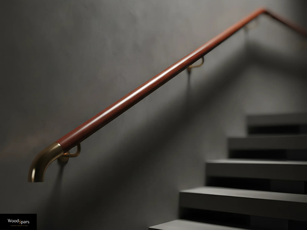 Main courante de luxe en bois exotique verni avec supports en laiton, installée dans un escalier au design sophistiqué.