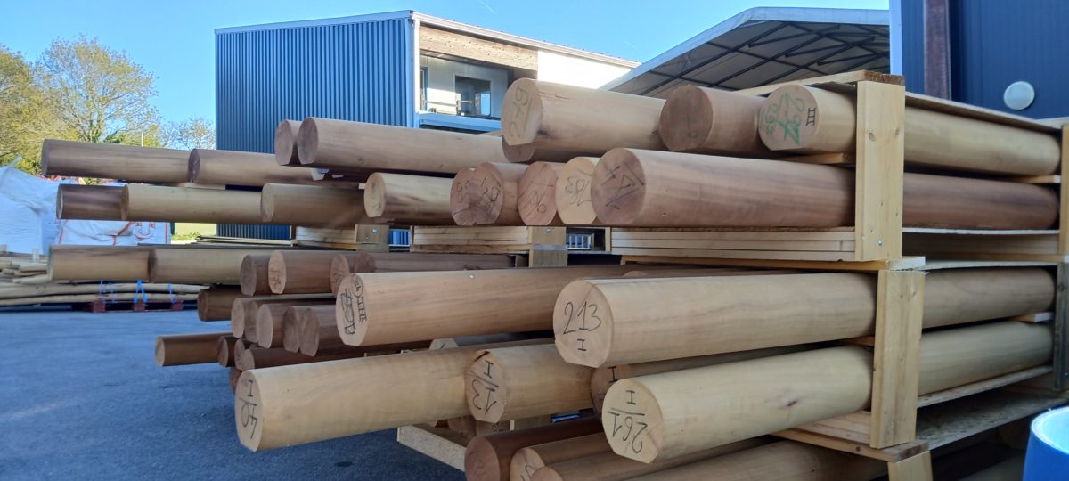 Rondins de bois massif empilés sur des racks extérieurs, devant un bâtiment industriel, prêts pour l’expédition ou la transformation.