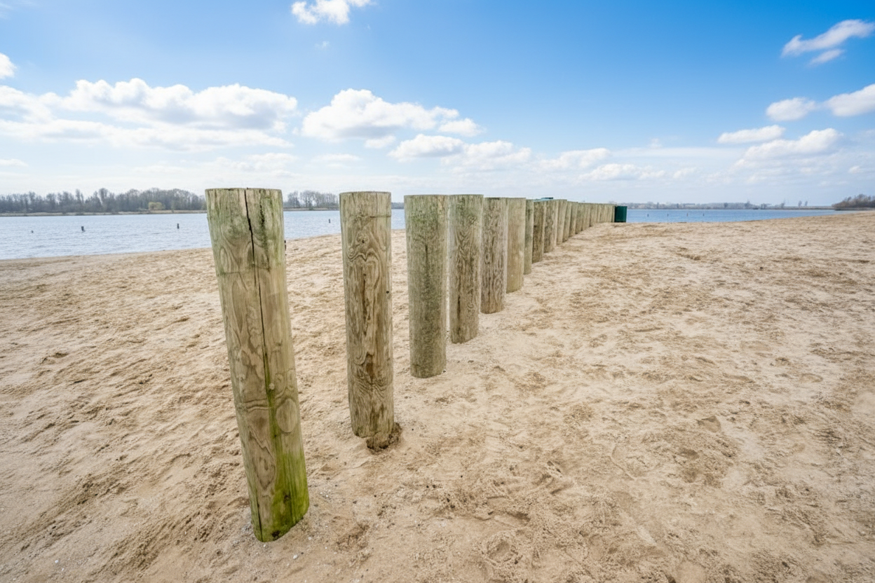 Bois aménagement extérieur WoodSpars installés sur une plage de la Manche dans l'objectif de protéger le littoral.