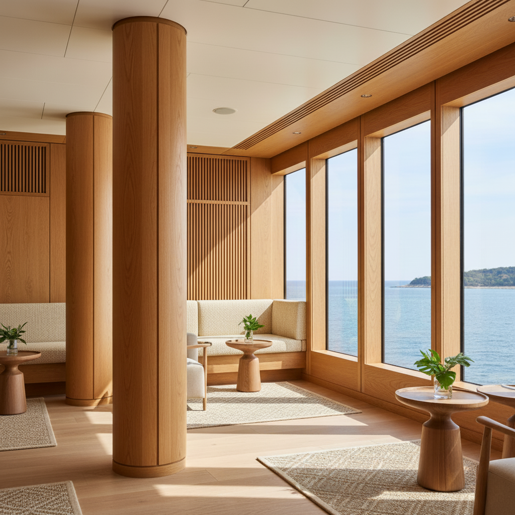 Intérieure luxueux d'une villa avec vue sur mer. Poutre et colonne en bois lamellé collé