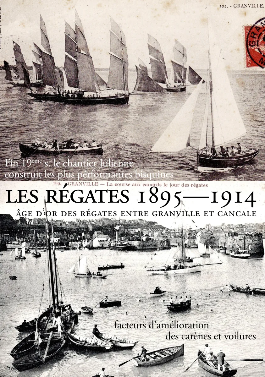 Panneau illustré sur les régates de bisquines Granville–Cancale 1895–1914, avec photographies et cartes postales d'époque