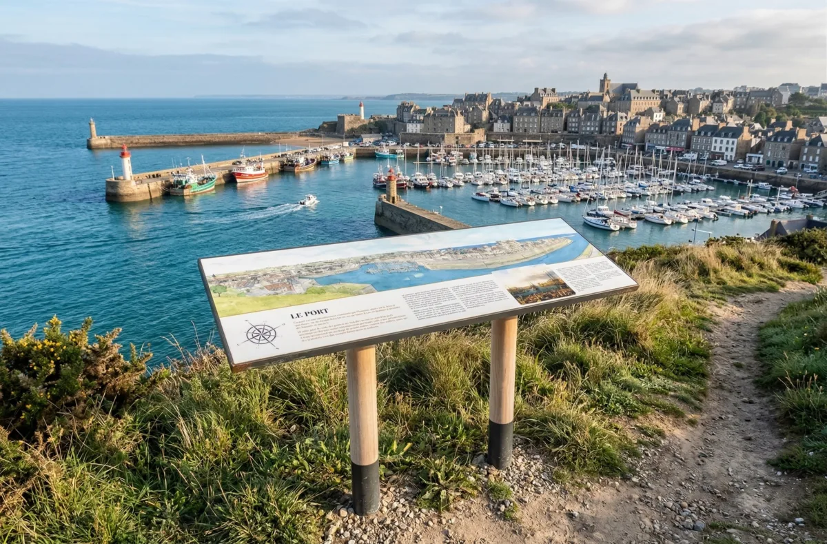 Table de lecture avec empiètement en robinier au bord d'un chemin face à la mer et au dessus du port.