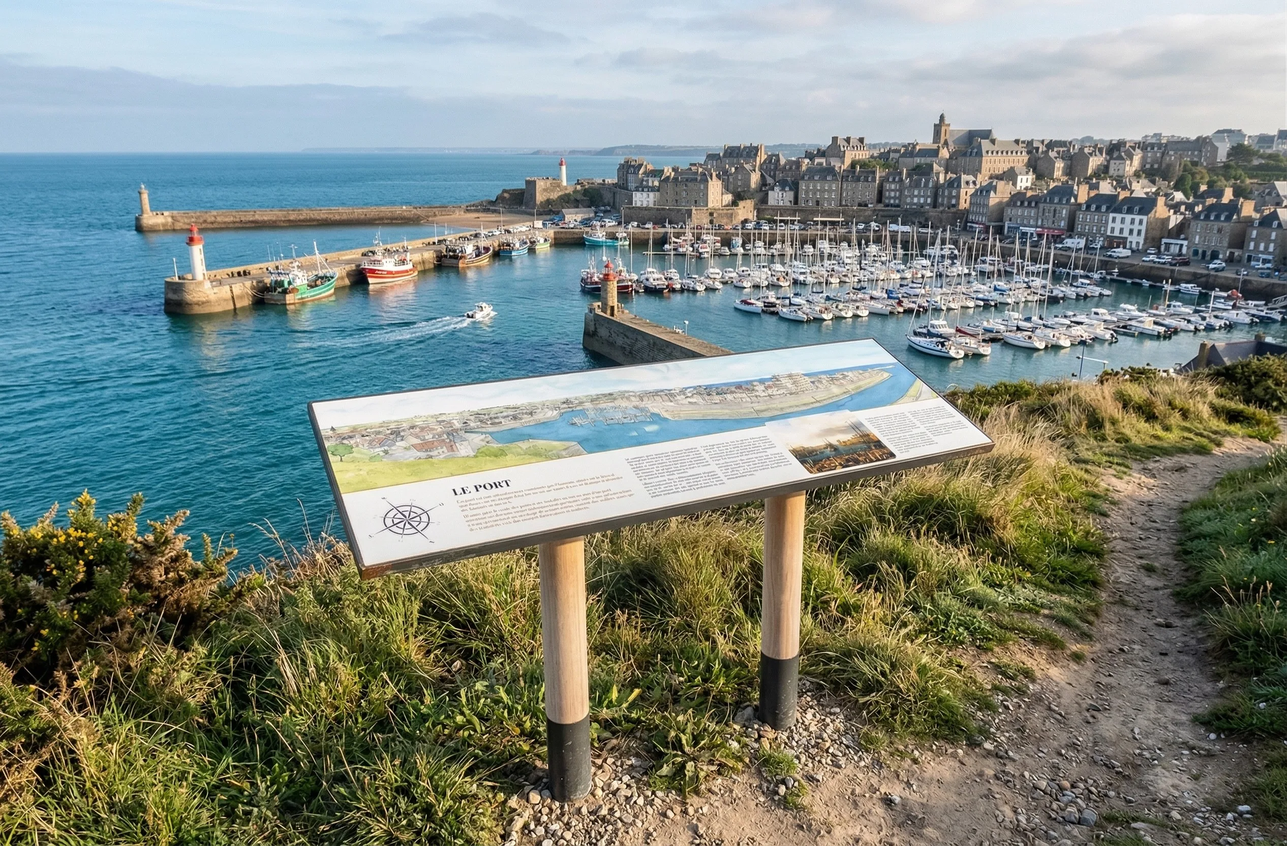 Table de lecture avec piètement en robinier au bord d'un chemin au dessus d'un port avec vue sur la mer.